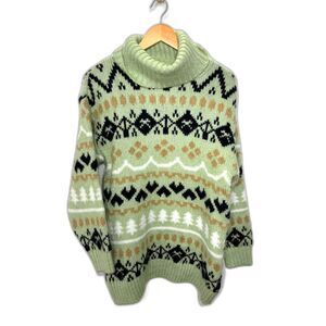 Anthropologie Sweater Women's Size Small Green Fair Isle Turtleneck Oversized